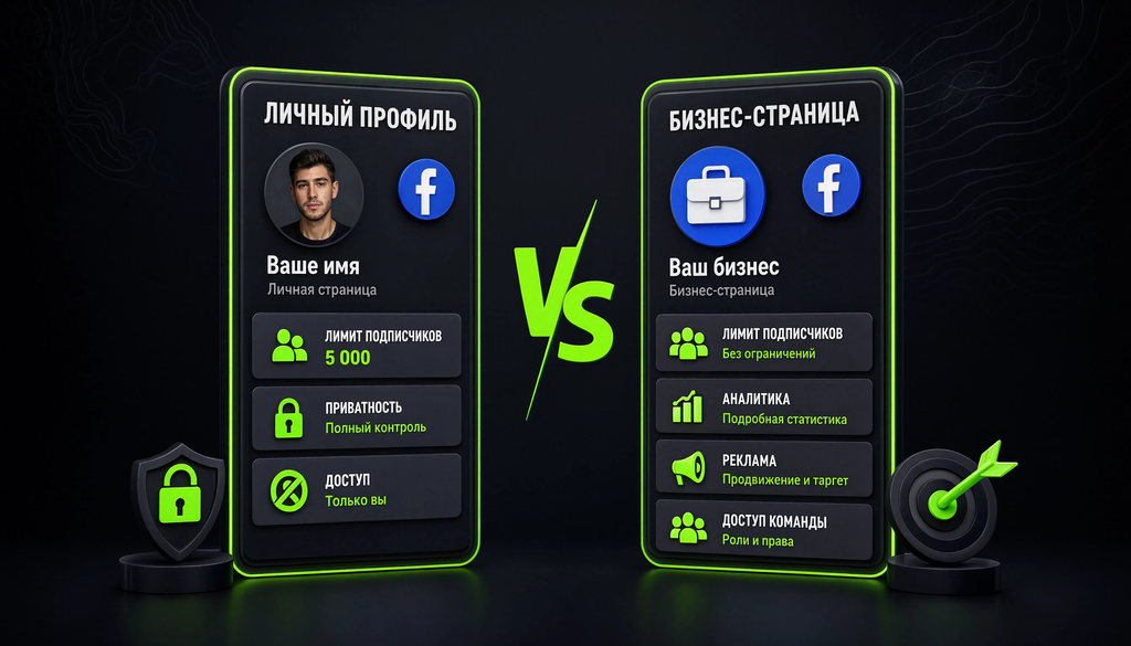 Сравнение личного профиля и бизнес-страницы Facebook по критериям: лимит подписчиков, инструменты бизнеса, реклама, аналитика, доступ команды, приватность. Две колонки с ключевыми отличиями.