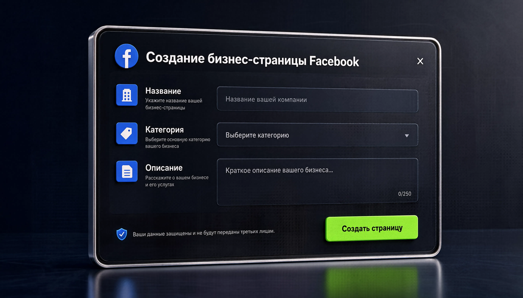 Форма создания бизнес-страницы в Facebook с полями для названия, категории и описания, снижающая порог входа для новых пользователей