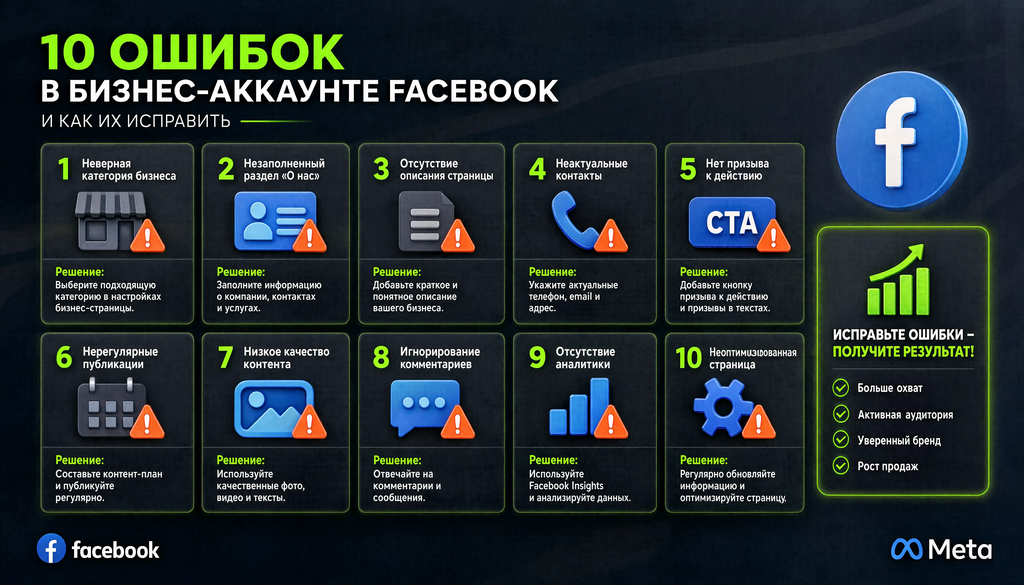 Инфографика: Топ-10 ошибок при создании бизнес-аккаунта Facebook с иконками и решениями