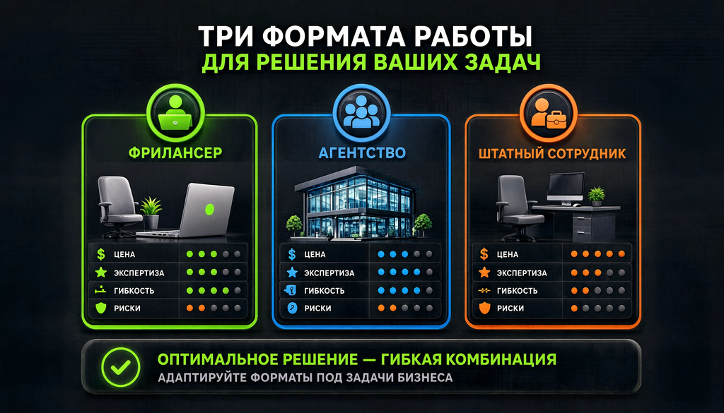 Сравнительная иллюстрация фрилансера, агентства и штатного сотрудника по критериям цена, экспертиза, гибкость и риски для выбора оптимального формата работы