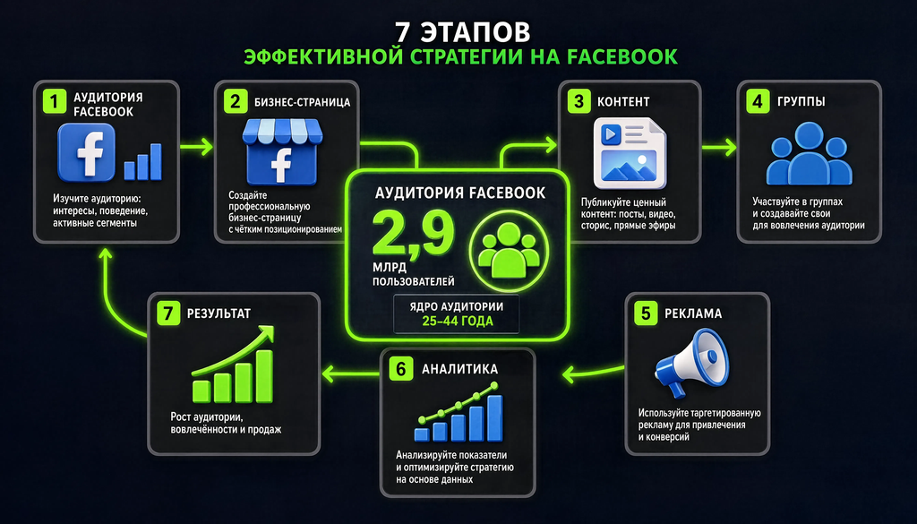 Инфографика: схема воронки аудитории Facebook от пользователей к результатам, 2.9 млрд пользователей, ядро 25-44 года