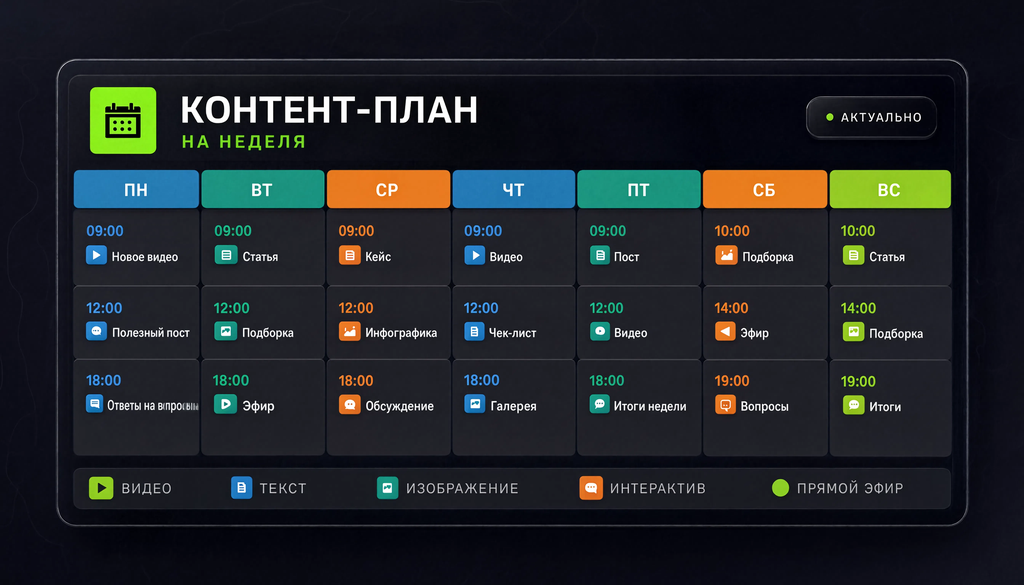 Инфографика контент-плана на неделю с цветовой кодировкой типов контента и временем публикаций