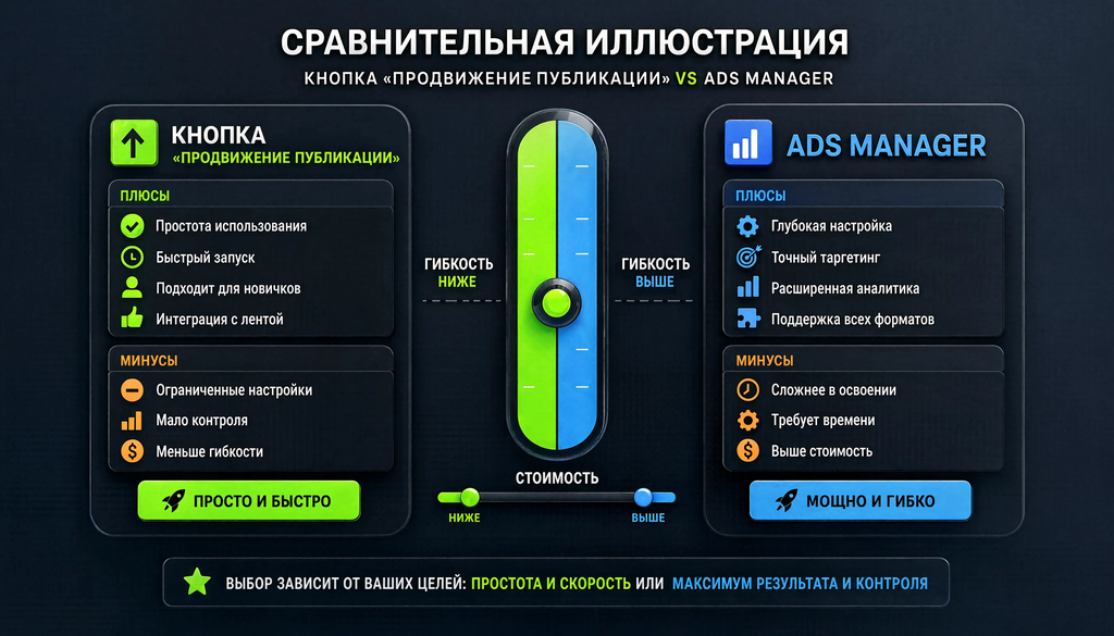 Comparison of post promotion button and Ads Manager: two columns with pros and cons across 7 parameters, flexibility and cost scale to help choose method.