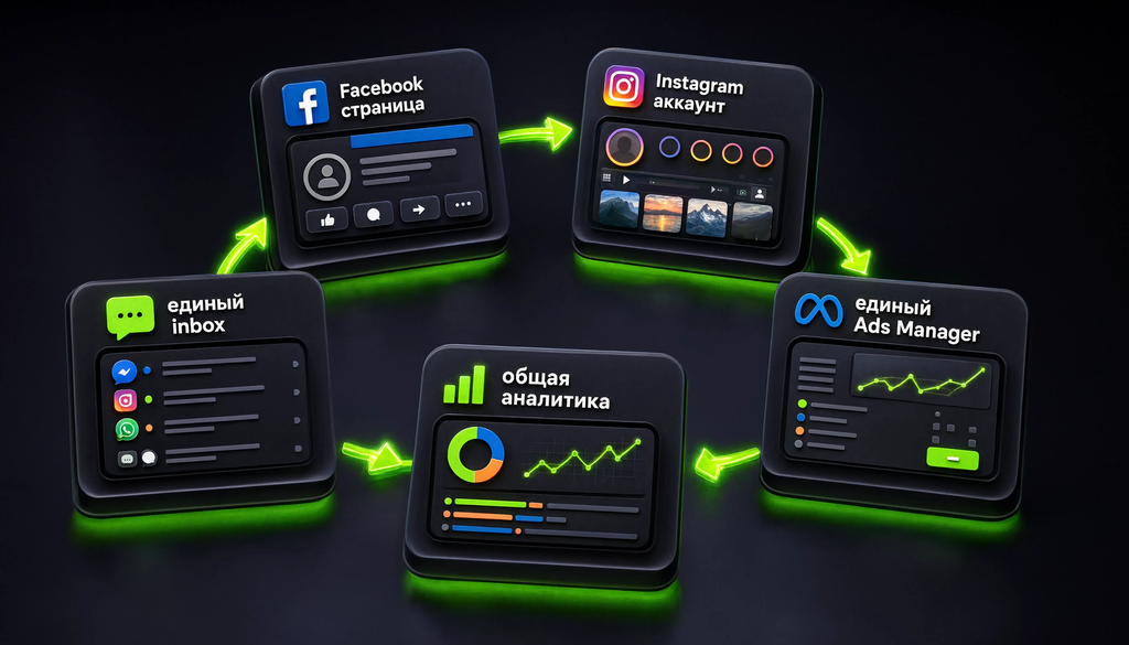 Схема связки Facebook страницы, Instagram аккаунта, единого Ads Manager, общей аналитики и единого inbox в виде цикла из пяти блоков