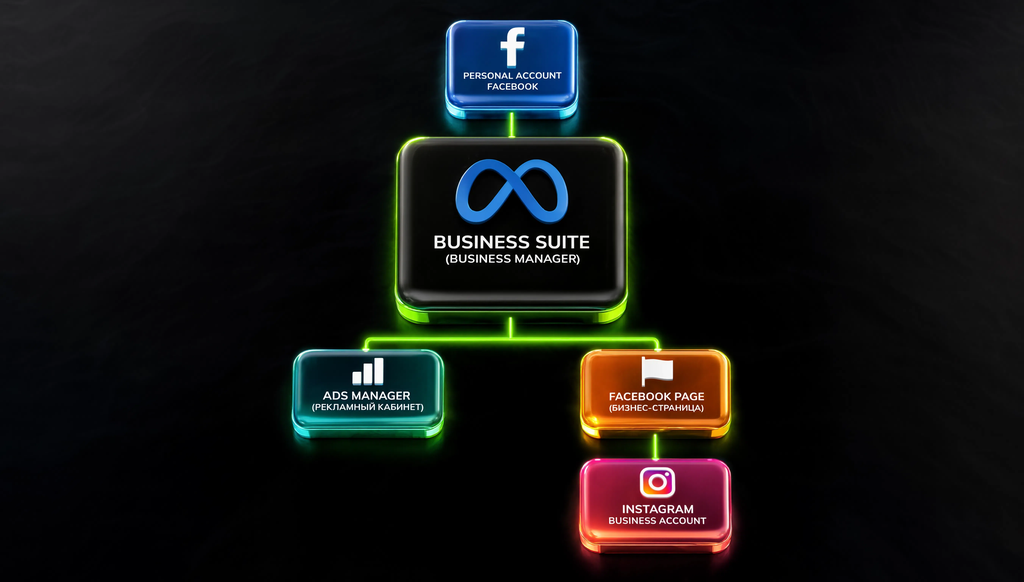 Иерархия объектов Meta: от личного аккаунта Facebook до Instagram Business Account, включая Business Suite, Ads Manager и Business Page. Схема показывает связь сущностей для запуска рекламы.