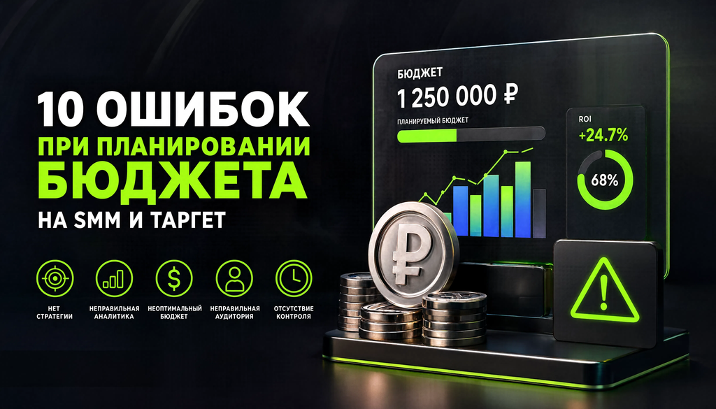 Инфографика: десять типичных ошибок при планировании бюджета на SMM и таргет с описанием и способами исправления, чек-лист.
