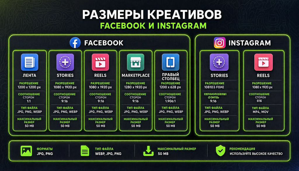 Инфографика с размерами креативов для всех плейсментов Facebook и Instagram: лента, Stories, Reels, Marketplace, правый столбец, Messenger, Collection. Справочник для дизайнеров.