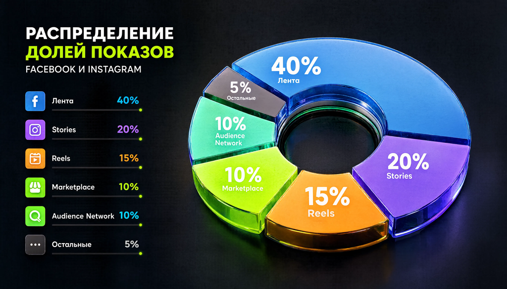 Facebook and Instagram ad placements distribution chart showing impressions share: Feed 40%, Stories 20%, Reels 15%, Marketplace 10%, Audience Network 10%, Others 5%