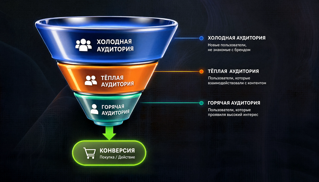 Схема воронки аудиторий Facebook Ads: холодная аудитория (таргетинг по интересам) &rarr; тёплая (Custom Audience посетители сайта) &rarr; горячая (Lookalike на покупателей) &rarr; конверсия