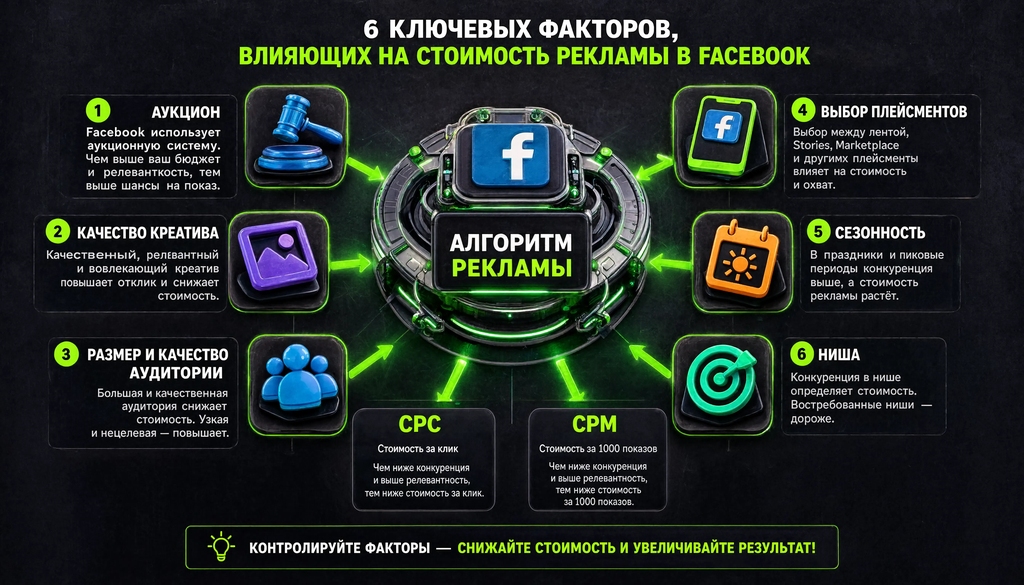Инфографика: шесть ключевых факторов, влияющих на стоимость рекламы в Facebook &mdash; аукцион, качество креатива, размер и качество аудитории, выбор плейсментов, сезонность и ниша.