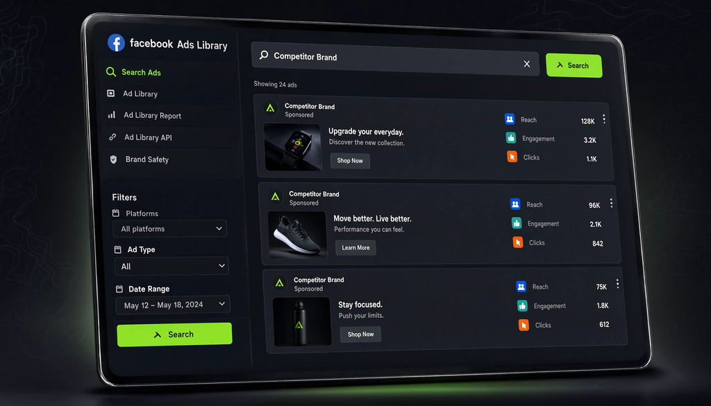Facebook Ads Library interface showing competitor ad search with filters and active ads list
