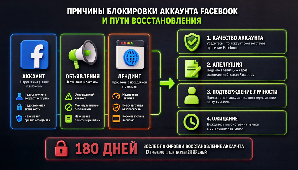 Схема причин блокировки рекламного аккаунта Facebook и восстановления: три группы причин, шаги разблокировки, срок 180 дней