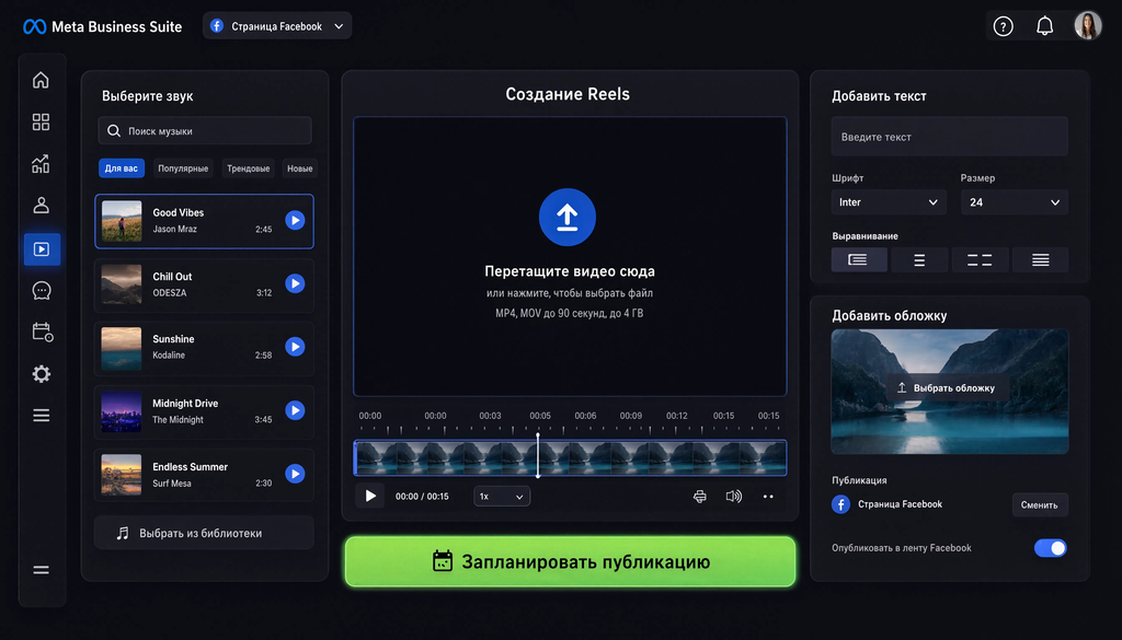 Интерфейс создания Reels в Meta Business Suite: панель выбора звука, область загрузки видео, инструменты добавления текста и обложки, кнопка планирования публикации. Помогает ориентироваться в интерфейсе до первого запуска.