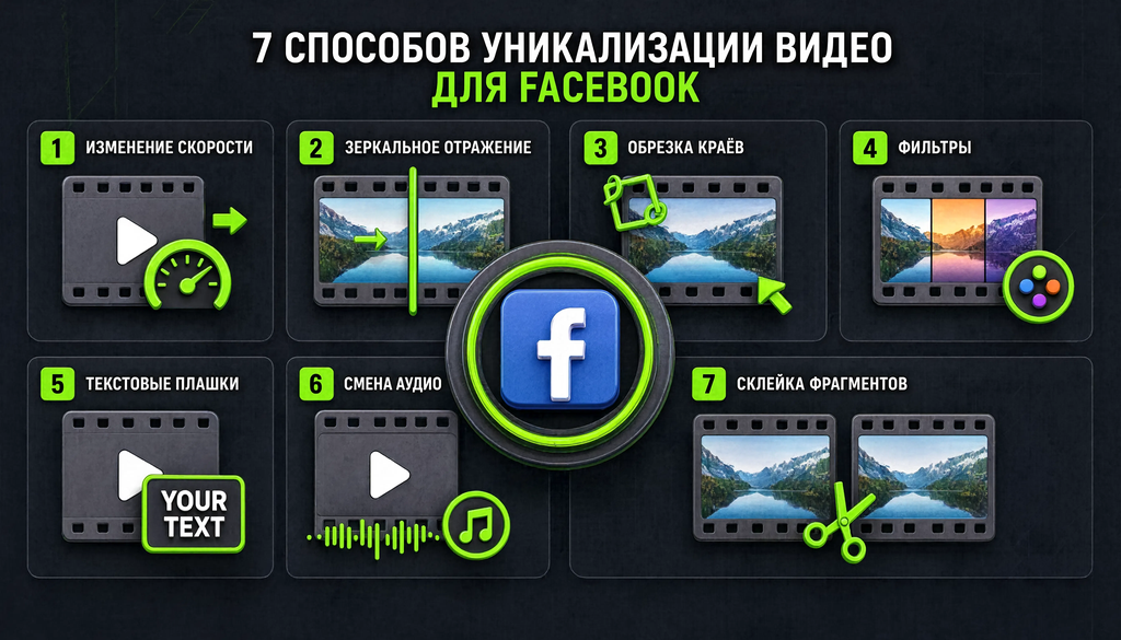 Инфографика: семь способов уникализации видео для Facebook - изменение скорости, зеркальное отражение, обрезка краев, фильтры, текстовые плашки, смена аудио, склейка фрагментов. Визуальный справочник для контент-мейкеров.