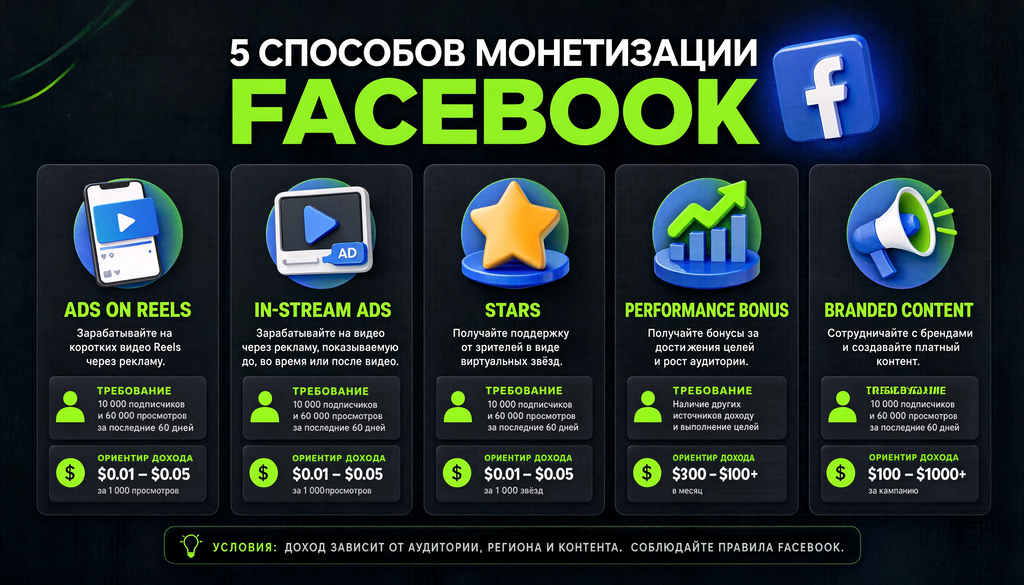 Сравнение пяти способов монетизации Facebook: Ads on Reels, In-Stream Ads, Stars, Performance Bonus, Branded Content. Для каждого — иконка, краткое описание, ключевое требование, ориентир дохода. Помогает выбрать подходящую стратегию монетизации.