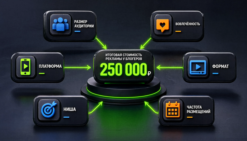 Инфографика факторов, влияющих на стоимость рекламы у блогеров: размер аудитории, вовлечённость, платформа, формат, ниша, частота размещений. Каждый фактор показан блоком со стрелкой к итоговой цене.