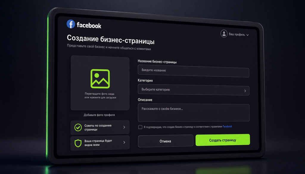 Facebook business page creation interface with fields for name, category, description, and action button for first-time setup