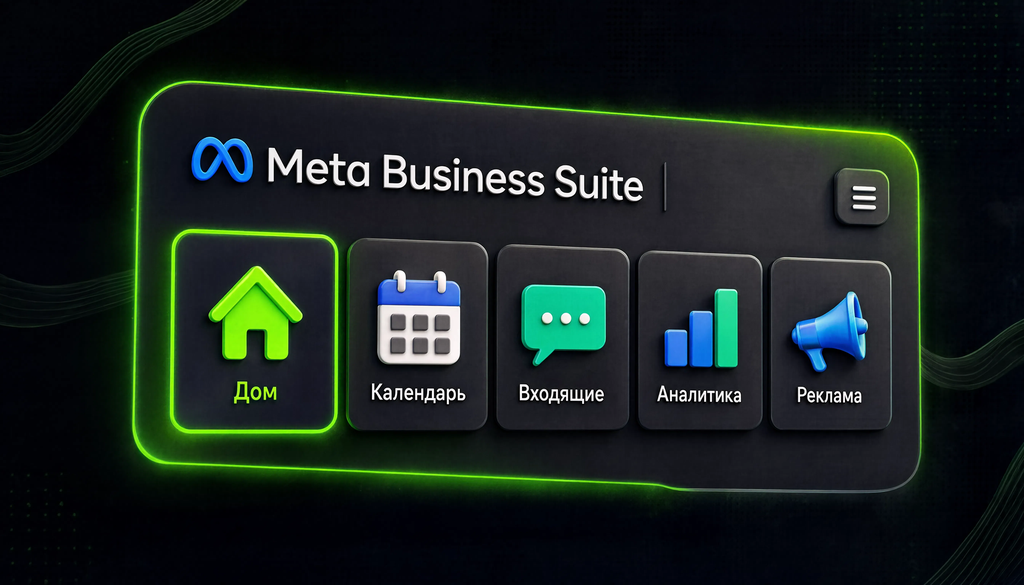 Главная панель Meta Business Suite с разделами Дом, Календарь, Входящие, Аналитика, Реклама