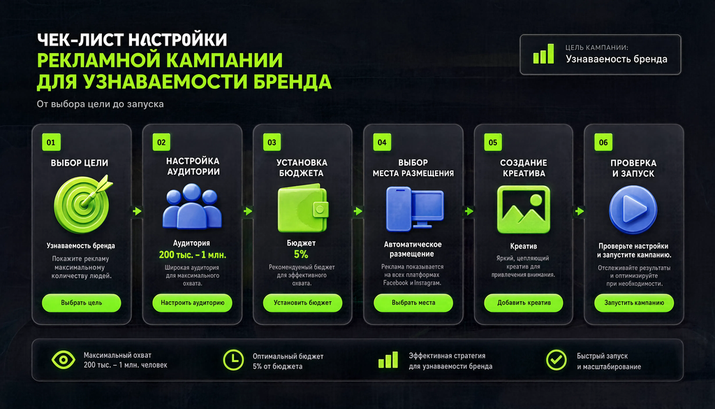 Этапы настройки кампании для узнаваемости бренда в Ads Manager: визуальный чек-лист с параметрами бюджета 5% и аудитории 200 тыс. &ndash; 1 млн