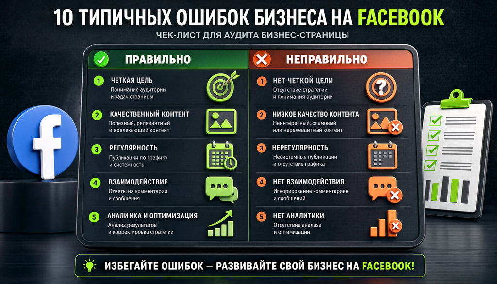 Сравнительная иллюстрация 10 типичных ошибок бизнеса на Facebook &mdash; формат правильно/неправильно, чек-лист для аудита бизнес-страницы.