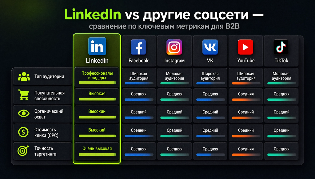 Infographic comparing LinkedIn with other social media platforms for B2B marketing metrics