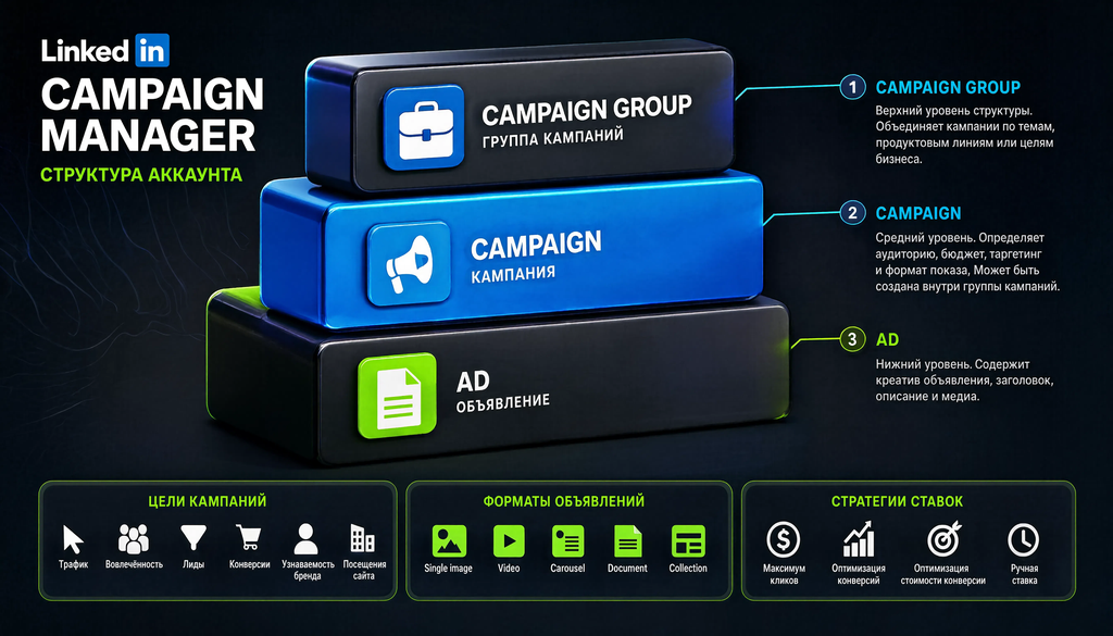 Структура рекламного кабинета LinkedIn Campaign Manager: иерархия от группы кампаний до объявления, цели, форматы и стратегии ставок.