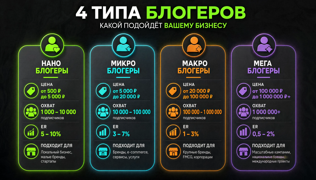 Сравнение нано, микро, макро и мега блогеров по цене, охвату, ER и подходящему бизнесу