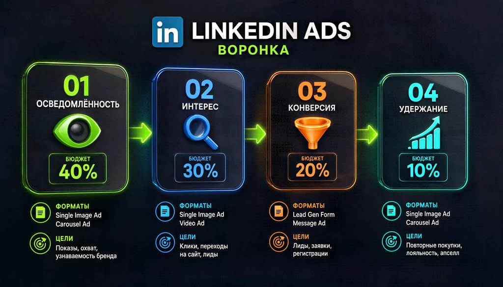 Воронка LinkedIn Ads из 4 этапов: от первого касания до сделки, с распределением бюджета по этапам, форматами объявлений и целями каждого этапа.