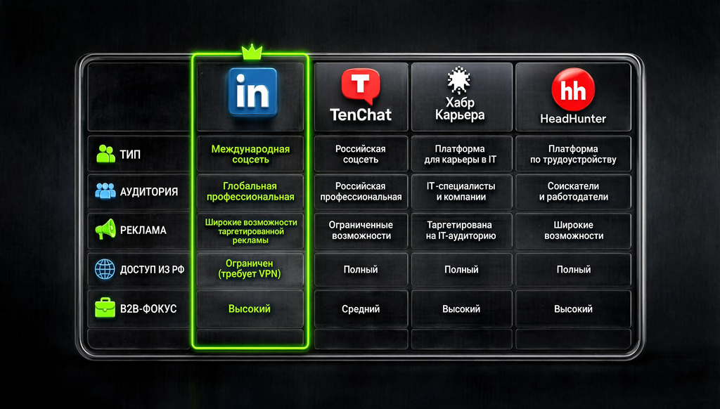 Сравнение LinkedIn и российских альтернатив TenChat, Хабр Карьера, HeadHunter по параметрам: тип, аудитория, реклама, доступ из РФ, B2B-фокус