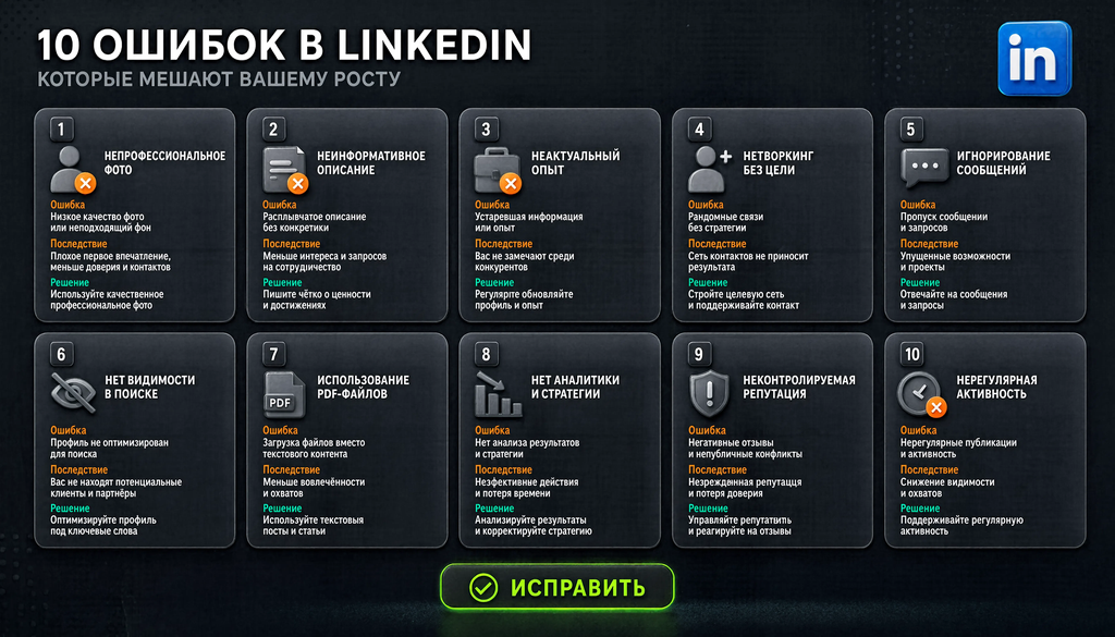 10 критических ошибок в LinkedIn и как их избежать - инфографика