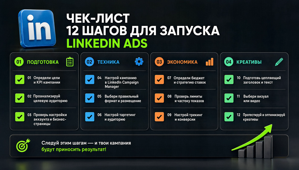 Чек-лист запуска рекламы в LinkedIn: 12 пунктов, сгруппированных по 4 блокам для подготовки к кампании.