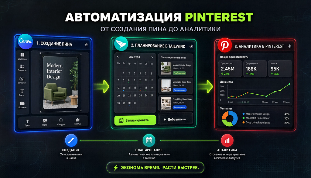 Схема автоматизации Pinterest: от создания пина в Canva до планирования в Tailwind и аналитики в Pinterest Analytics