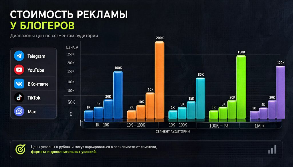Диапазоны цен на рекламу у блогеров на площадках Telegram, YouTube, ВКонтакте, TikTok, Max по сегментам аудитории, инфографика
