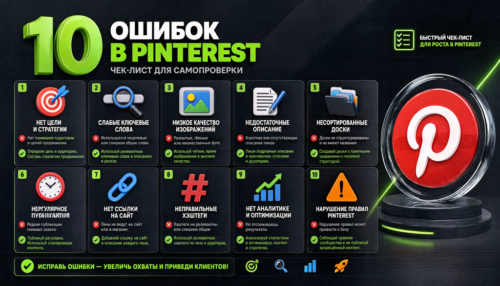 10 типичных ошибок в Pinterest с указанием последствий и способа исправления - быстрый чек-лист для самопроверки