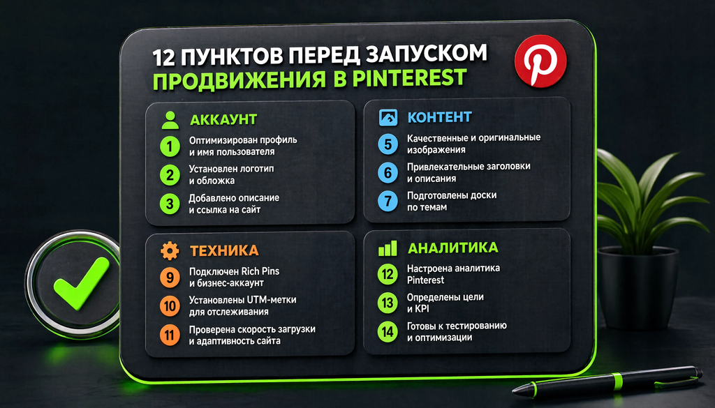 Чек-лист из 12 пунктов перед запуском продвижения в Pinterest, сгруппированных по 4 блокам: аккаунт, контент, техника, аналитика. Инфографика для структурирования подготовки.