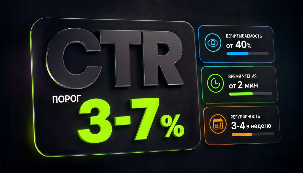 Инфографика с ключевыми метриками Яндекс.Дзена: CTR (3-7%), дочитываемость (от 40%), время чтения, регулярность (3-4 в неделю) с пороговыми значениями для авторов