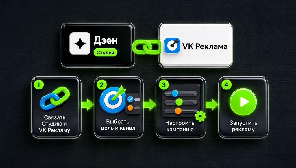 Пошаговая визуализация запуска рекламы в Дзене через VK Рекламу: связь Студии, выбор цели и канала, настройка кампании.