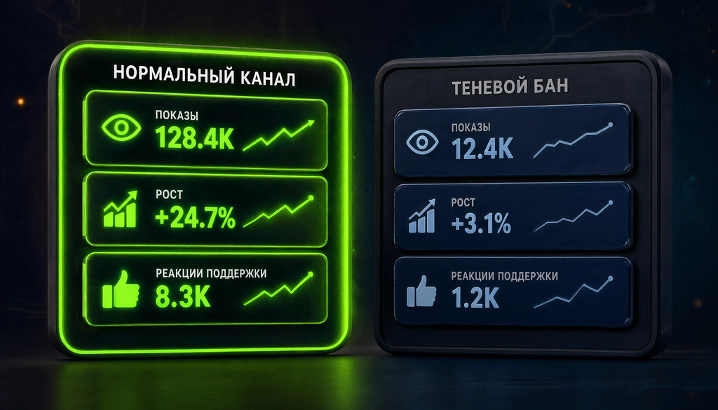 Сравнение признаков нормального канала и теневого бана: показы, рост, реакции техподдержки