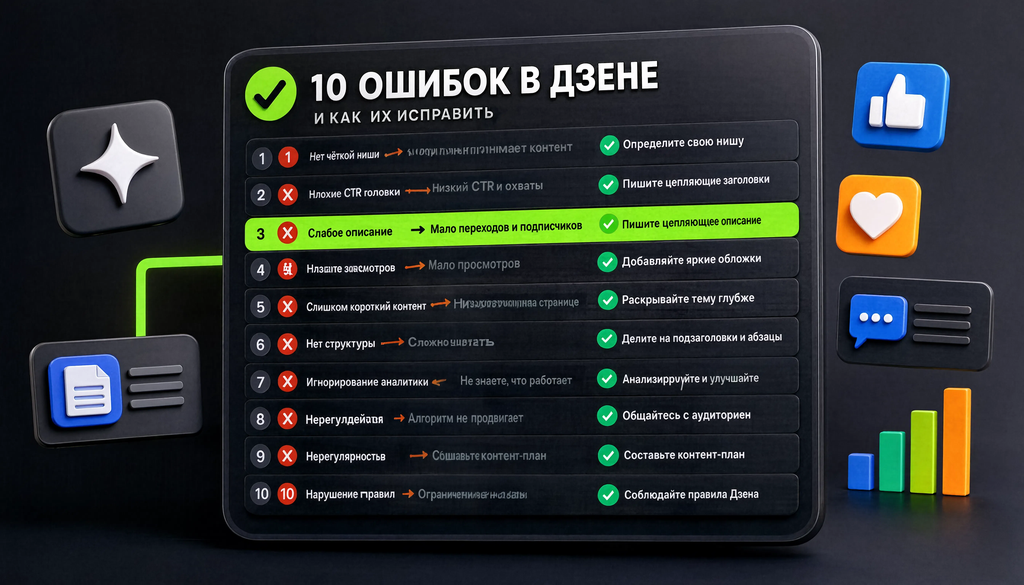 Инфографика: 10 типичных ошибок в Дзене с последствиями и способами исправления. Чек-лист для самопроверки.