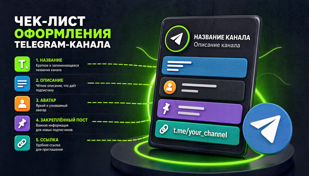 Чек-лист оформления канала: название, описание, аватар, закреп, ссылка для структурированной подготовки