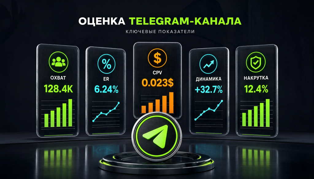Инфографика: критерии оценки Telegram-канала для закупки рекламы: охват, ER, CPV, динамика, накрутка.