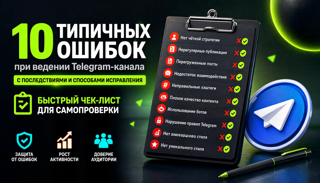 10 типичных ошибок при ведении Telegram-канала с последствиями и способами исправления. Быстрый чек-лист для самопроверки.