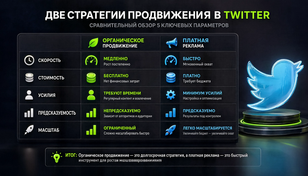 Сравнительная таблица органического продвижения и платной рекламы в Twitter по пяти параметрам: скорость, стоимость, усилия, предсказуемость, масштаб.