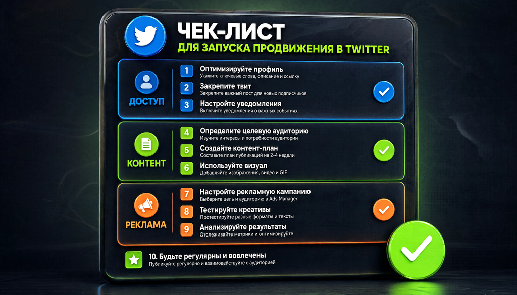 Инфографика: чек-лист из 10 пунктов для запуска продвижения в Twitter, сгруппированных по трем блокам: доступ, контент и реклама.
