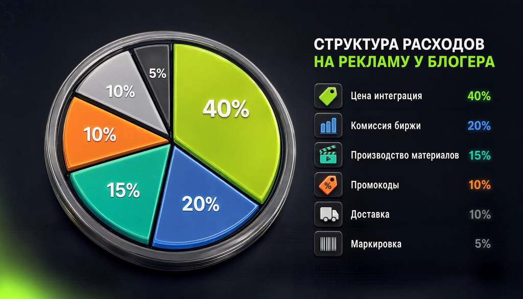Круговая диаграмма структуры расходов на рекламу у блогера: цена интеграции, комиссия биржи, производство материалов, промокоды, доставка, маркировка.
