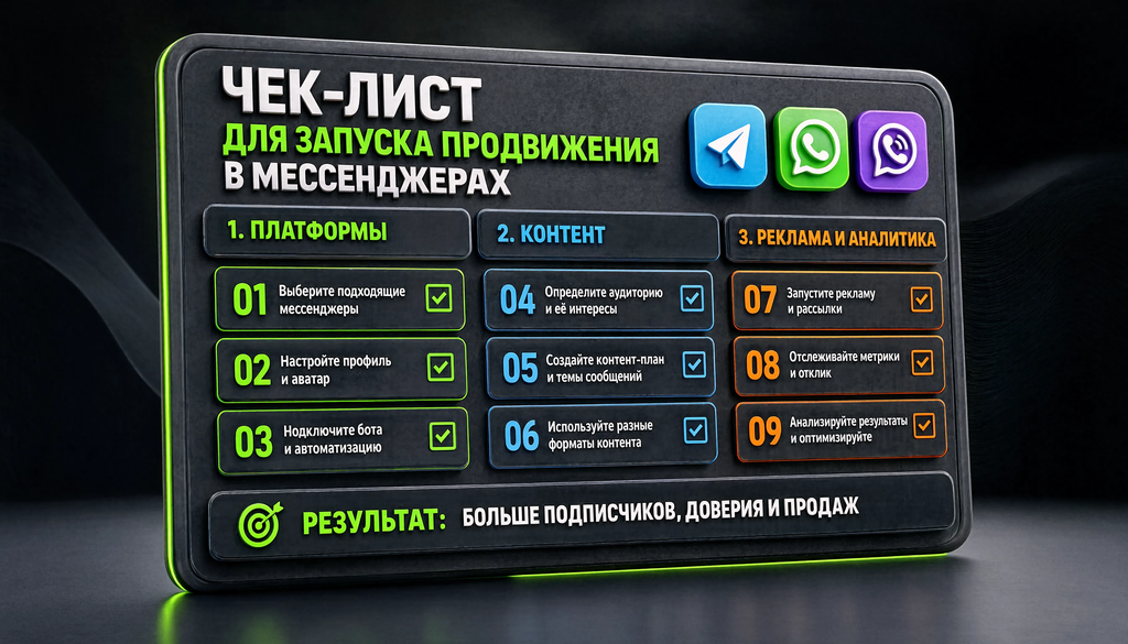 Чек-лист из 9 пунктов для запуска продвижения в мессенджерах, сгруппированных по блокам: платформы, контент, реклама и аналитика.