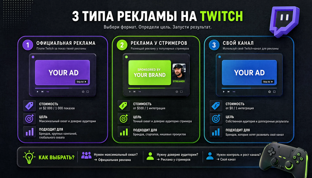 Схема трех типов рекламы на Twitch: официальная, у стримеров, собственный канал с форматами, стоимостью и целями