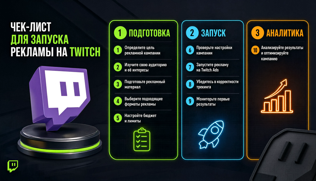 Чек-лист из 10 пунктов для запуска рекламы на Twitch: подготовка, запуск, аналитика