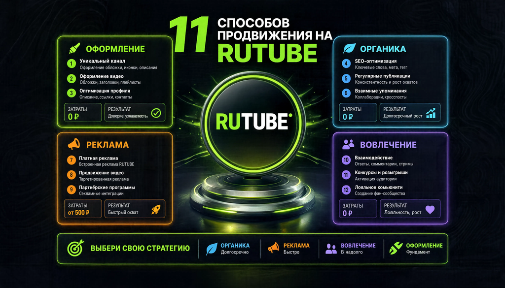 Инфографика: 11 способов продвижения на Rutube, сгруппированных по 4 блокам (оформление, органика, реклама, вовлечение) с указанием затрат и результатов
