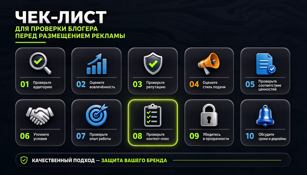 Чек-лист из 10 пунктов для проверки блогера перед размещением рекламы с иконками и описаниями